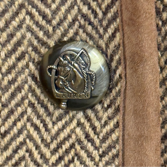 Lauren Ralph Lauren Brown Herringbone Wool-Blend Suede Detail Blazer Jacket - Picture 3 of 13